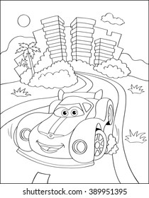 Cute Sport Car In City, Coloring Page Illustration. Coloring Book Outdoor Sport Theme. Funny Race Car Isolated On White Background. Vector Illustration.