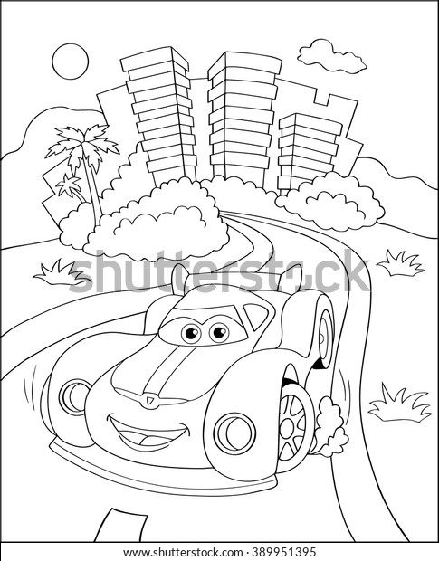 街のかわいいスポーツカー カラーリングページイラスト 塗り絵本の野外スポーツのテーマ 白い背景におかしなレースカー ベクターイラスト のベクター画像素材 ロイヤリティフリー 389951395
