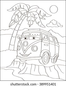 Cute Sport Car On The Beach, Coloring Page Illustration. Coloring Book Outdoor Sport Theme. Funny Hippie Bus  Isolated On White Background. Vector Illustration.