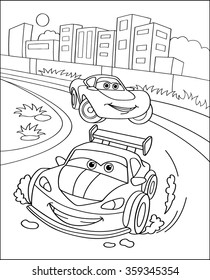 Cute sport cars in city, coloring page illustration. Coloring book outdoor sport theme. Funny race cars isolated on white background. eps10 vector illustration.