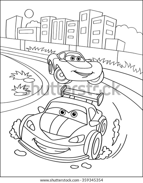 Cute sport cars in city,\
coloring page illustration. Coloring book outdoor sport theme.\
Funny race cars isolated on white background. eps10 vector\
illustration.