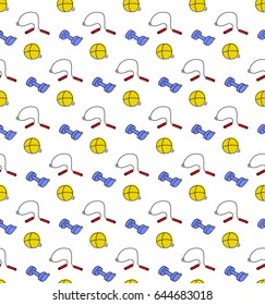Cute sport concept seamless pattern with ball, jump rope and dumbbell