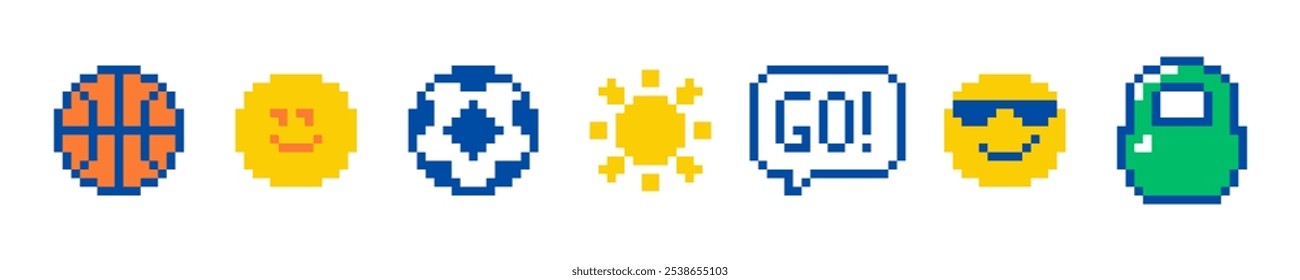 Cute sport emoji icon set. Pixel art. Naive childish design. Play balls. Abstract geometric simple pattern. Y2k playful pixels sticker. Mood of 90's aesthetics. 8 bit retro style vector illustration