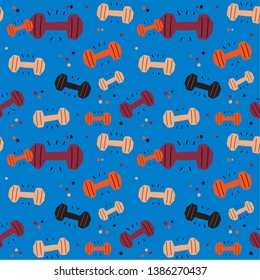 Cute sport and fitness seamless pattern. Girly funny illystration of gym equipment. Good for posters, banners, web, yoga designs.