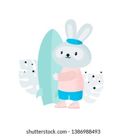 Cute sport rabbit bunny with surf on the beach. Summer weekend. Surfer. Lets go travel.  Flat Illustration for kids game, book, t-shirt, card, print, poster, decoration and textile. Isolated vector