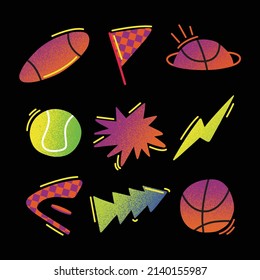 Pegatinas deportivas con baloncesto americano, bandera de la raza, pelotas de baloncesto, pelota de tenis, relámpago, bastón de hockey y patines, flecha y otros equipos. Resumen de ilustración vectorial plana.