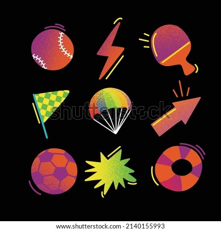 Cute sport stickers with baseball ball, lightning, table tennis racket, race flag, parachute, arrow, football ball, lifebuoy and other equipment. Abstract flat vector illustration.