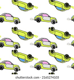 Cute sportcar seamless pattern. Transport wallpaper. Kids hand drawn automobile background. Doodle style. Design for fabric, textile print, wrapping, cover. Vector illustration