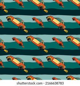 Cute sportcar seamless pattern. Transport wallpaper. Kids hand drawn automobile background. Doodle style. Design for fabric, textile print, wrapping, cover. Vector illustration