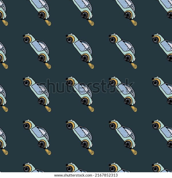 Cute sportcar\
seamless pattern. Transport wallpaper. Kids hand drawn automobile\
background. Doodle style. Design for fabric, textile print,\
wrapping, cover. Vector\
illustration