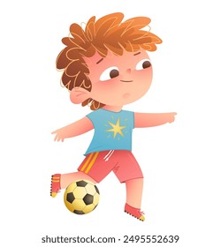 Cute sportive boy playing football. Happy joyful kindergarten baby boy play soccer. Elementary football sport kid, vector illustration for children. Colorful hand drawn cartoon.