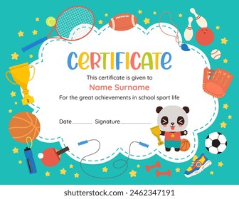 Cute sports achievement certificate of recognition. Fun design template with kawaii cartoon animal panda. Flat vector sport icons. Perfect for celebrating young athlete success in elementary school.