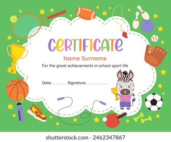 Certificado de reconocimiento de logro deportivo lindo. Divertida Plantilla de diseño con cebra animal de dibujos animados kawaii. Iconos deportivos de Vector plano. Perfecto para celebrar el éxito de los jóvenes atletas en la escuela primaria.