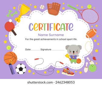 Cute sports achievement certificate of recognition. Fun design template with kawaii cartoon animal and flat vector sport icons. Perfect for celebrating young athlete success in elementary school.