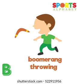 Cute Sports Alphabet In Vector. B Letter For Boomerang Throw. Funny Cartoon Sports. Alphabet Design In A Colorful Style.