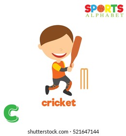 Cute Sports alphabet in vector.  C letter for Cricket . Funny cartoon sports. Alphabet design in a colorful style. 