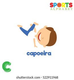Cute Sports alphabet in vector. C letter for Capoeira. Funny cartoon sports. Alphabet design in a colorful style.