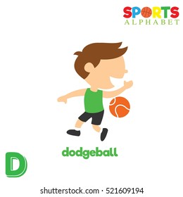 Cute Sports alphabet in vector. D letter for Dodge ball. Funny cartoon sports. Alphabet design in a colorful style. 