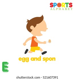 Cute Sports alphabet in vector. E letter for Egg and spon. Funny cartoon sports. Alphabet design in a colorful style. 