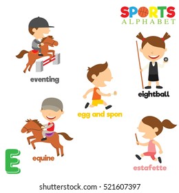 Cute Sports alphabet in vector with E letter. Funny cartoon sports. Alphabet design in a colorful style. 