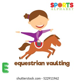 Cute Sports alphabet in vector. E letter for Equestrian vaulting. Funny cartoon sports. Alphabet design in a colorful style.