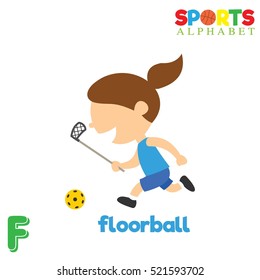 Cute Sports alphabet in vector. F letter for Floor ball . Funny cartoon sports. Alphabet design in a colorful style. 