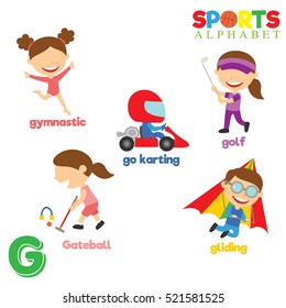 Cute Sports alphabet in vector with G letter. Funny cartoon sports. Alphabet design in a colorful style. 