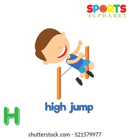 Cute Sports alphabet in vector. H letter for High jump. Funny cartoon sports. Alphabet design in a colorful style. 