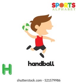 Cute Sports alphabet in vector. H letter for Handball. Funny cartoon sports. Alphabet design in a colorful style. 