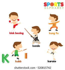 Cute Sports alphabet in vector with K letter. Funny cartoon sports. Alphabet design in a colorful style. 