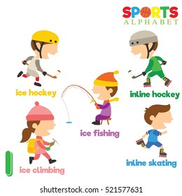 Cute Sports alphabet in vector with I letter. Funny cartoon sports. Alphabet design in a colorful style. 