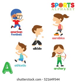 Cute Sports alphabet in vector with A letter. Funny cartoon sports. Alphabet design in a colorful style. 