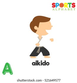 Cute Sports alphabet in vector. A letter for Aikido. Funny cartoon sports. Alphabet design in a colorful style. 