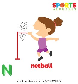 Cute Sports alphabet in vector. N letter for Netball. Funny cartoon sports. Alphabet design in a colorful style. 