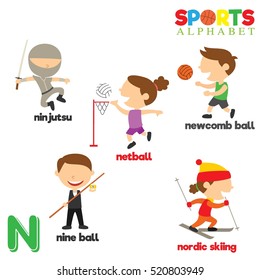 Cute Sports alphabet in vector with N letter. Funny cartoon sports. Alphabet design in a colorful style. 