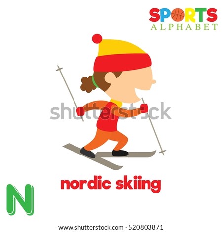 Cute Sports alphabet in vector. N letter for Nordic Skiing. Funny cartoon sports. Alphabet design in a colorful style. 