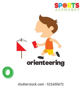Cute Sports alphabet in vector. O letter for Orienteering. Funny cartoon sports. Alphabet design in a colorful style. 