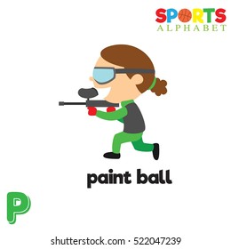 Cute Sports alphabet in vector. P  letter for Paint Ball. Funny cartoon sports. Alphabet design in a colorful style. 