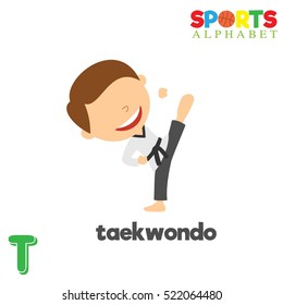Cute Sports alphabet in vector. T letter for Taekwondo . Funny cartoon sports. Alphabet design in a colorful style. 