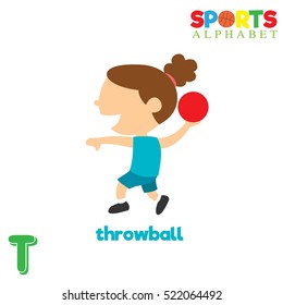 Cute Sports alphabet in vector. T letter for Throw ball . Funny cartoon sports. Alphabet design in a colorful style. 