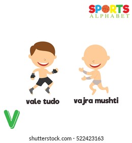 Cute Sports alphabet in vector with V letter. Funny cartoon sports. Alphabet design in a colorful style. 