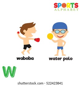 Cute Sports alphabet in vector with W letter. Funny cartoon sports. Alphabet design in a colorful style. 