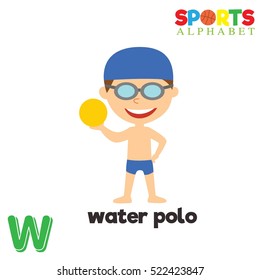 Cute Sports alphabet in vector. W letter for Water polo. Funny cartoon sports. Alphabet design in a colorful style. 