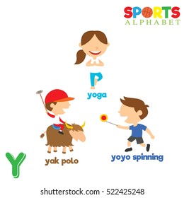 Cute Sports alphabet in vector with Y letter. Funny cartoon sports. Alphabet design in a colorful style. 