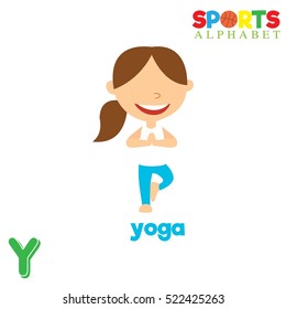 Cute Sports alphabet in vector. Y letter for Yoga. Funny cartoon sports. Alphabet design in a colorful style. 