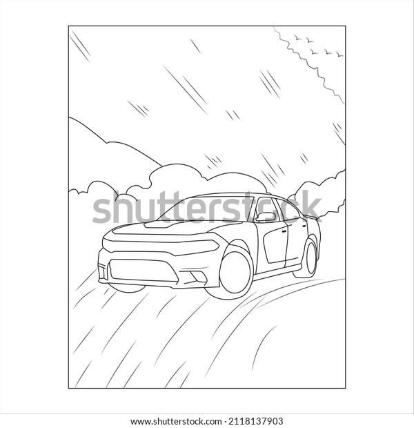 Cute sports cars in the city,\
coloring page illustration. Coloring book outdoor sport theme.\
Funny race cars isolated on white background. eps10 vector\
illustration.