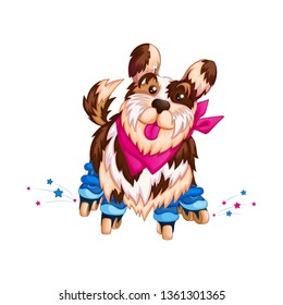 Cute sports dog on roller skates. Sports kids cartoon character. Steep roller skater. Vector illustration