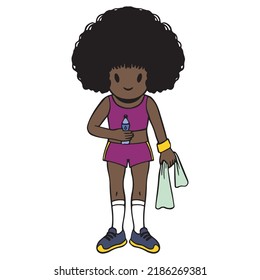 Cute sporty afro american girl in crop-top and shorts with bottle of water and a towel. Isolated vector drawing in cartoon style.