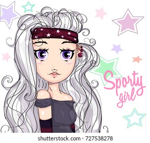 Cute sporty girl cartoon character portrait, young fitness fashion woman on stars background vector illustration art