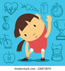 Cute sporty girl doing stretching exercises. Creative flat style design illustration. Sport training, healthy food,sport awards symbols.Isolated on trendy background with sport equipment pictograms